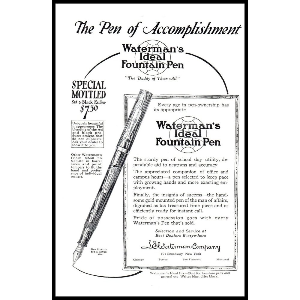 1924 Waterman's Ideal Fountain Pen Vintage Print Ad Mottled Pattern Wall Art